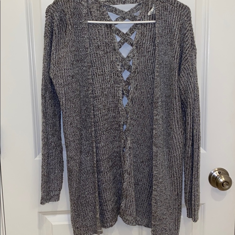 Gray cardigan.